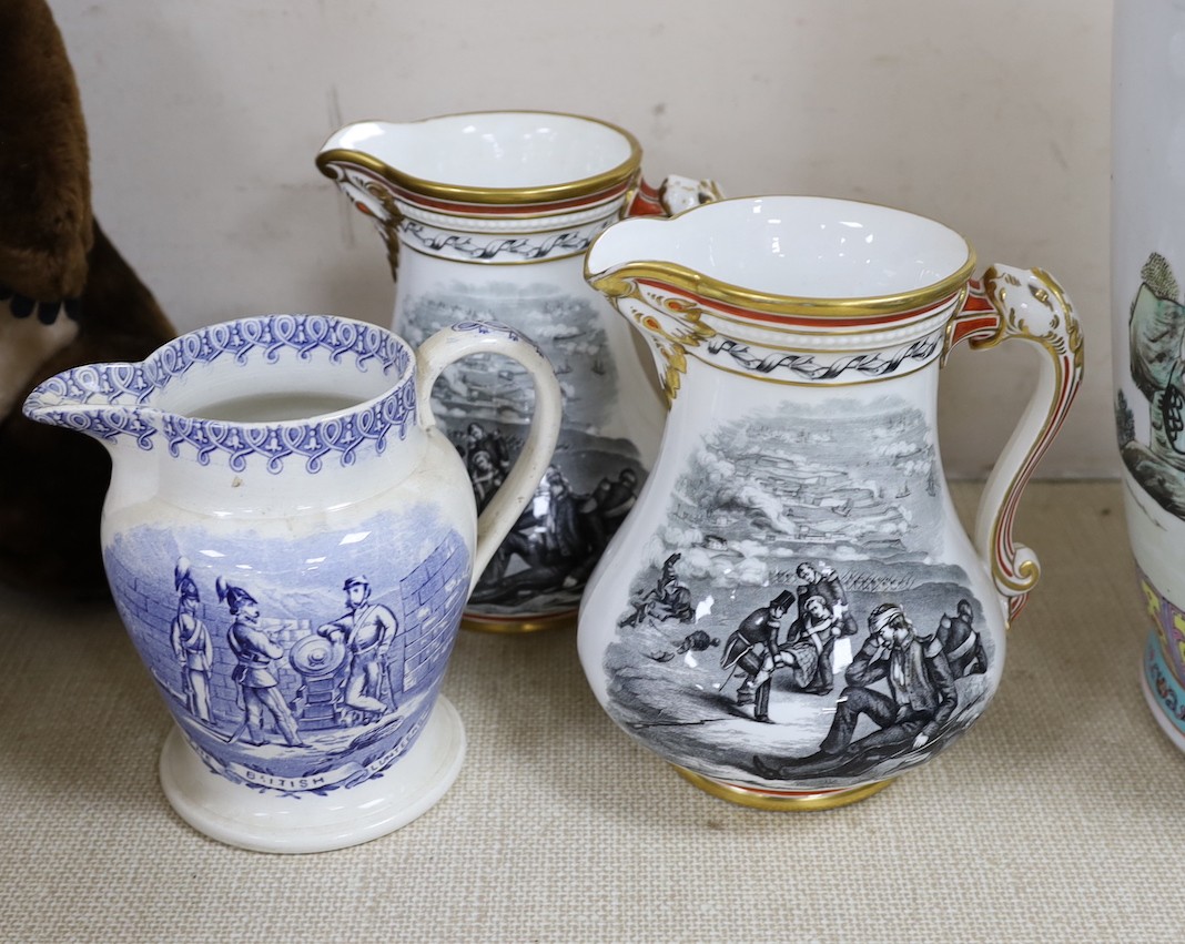 Two Victorian Royal Patriotic jugs by Samuel Alcock, 20cm, and 3 other printed jugs